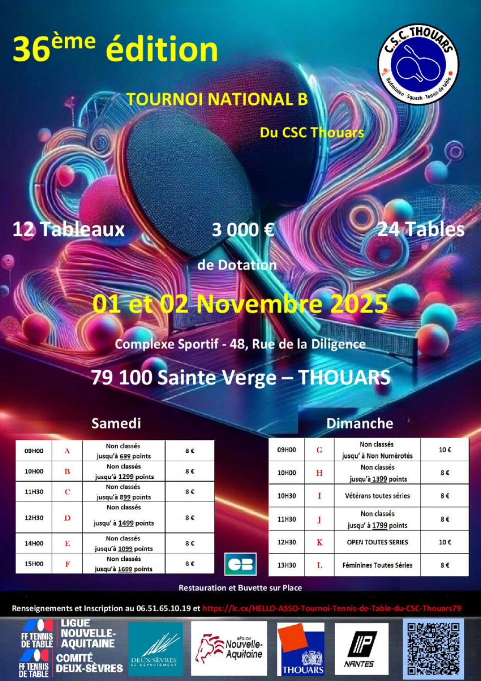 36ème Tournoi National B Tennis de Table du CSC Thouars 🏓